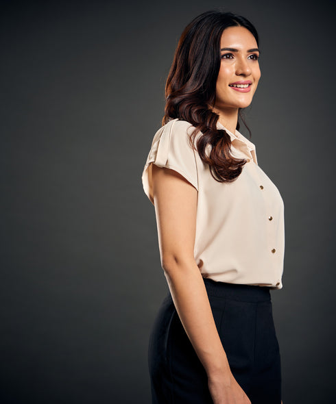 Sleeve Detailed Classic Collar Beige Shirt